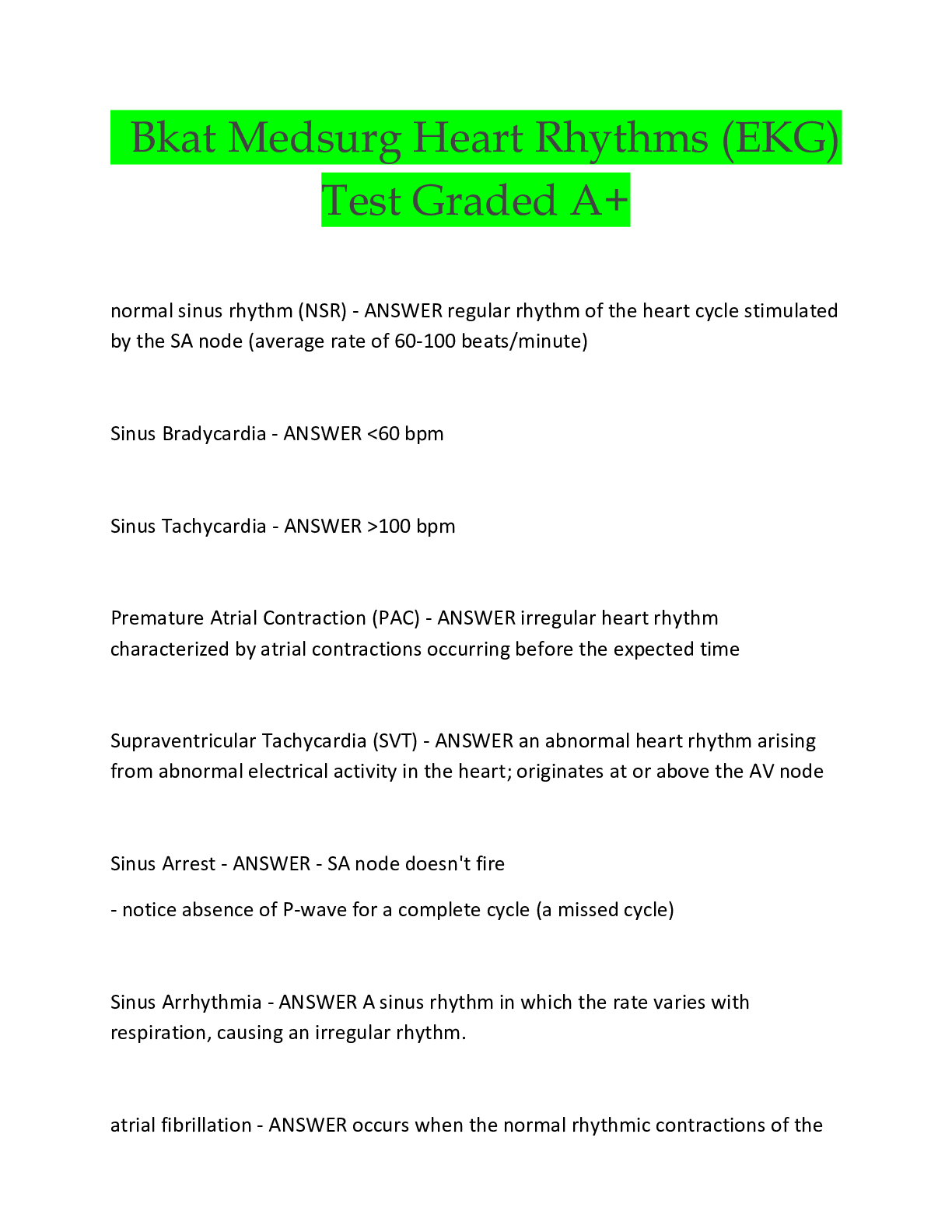 Preview image for Bkat Medsurg Heart Rhythms (EKG) Test Graded A+